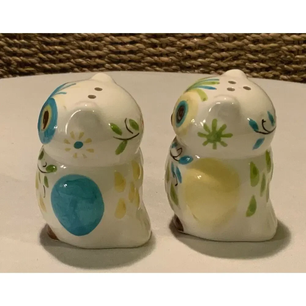 BOSTON WAREHOUSE Floral Owl Ceramic Salt & Pepper Shakers With Stoppers Deco UEC